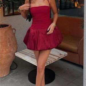 Oh Polly HALTERNECK LACE-UP BUBBLE HEM CORSET MICRO MINI DRESS IN BERRY RED
